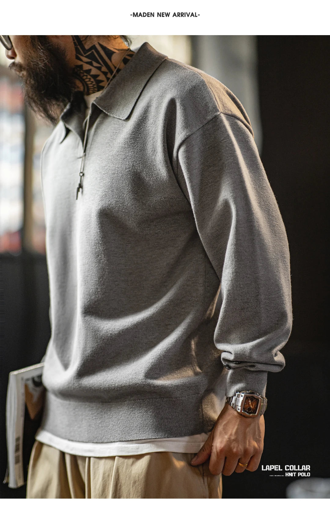 Maden Men's Vintage Long Sleeve Knit Polo