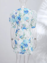 Print  Dress Women's Floral Satin Mini Dress Deep V-Neck Puff Sleeves Peplum Waistband Two-Piece Party Dresses Woman Clothes