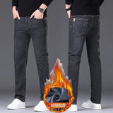 2025 Winter Men's Large Plush Thick Jeans Fashion Casual Versatile Business Jeans Warm and Cold Resistant Black Blue Denim Pants