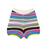 Women Patchwork Striped Hollow Out Crochet Knitted Crop Sweater Shorts Set Short Sleeve Polo Collar Sweater Knit Shorts Suit Y2K