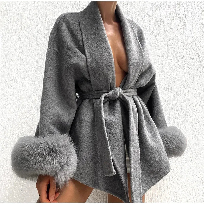 Elegant Lace-Up Woolen Jacket