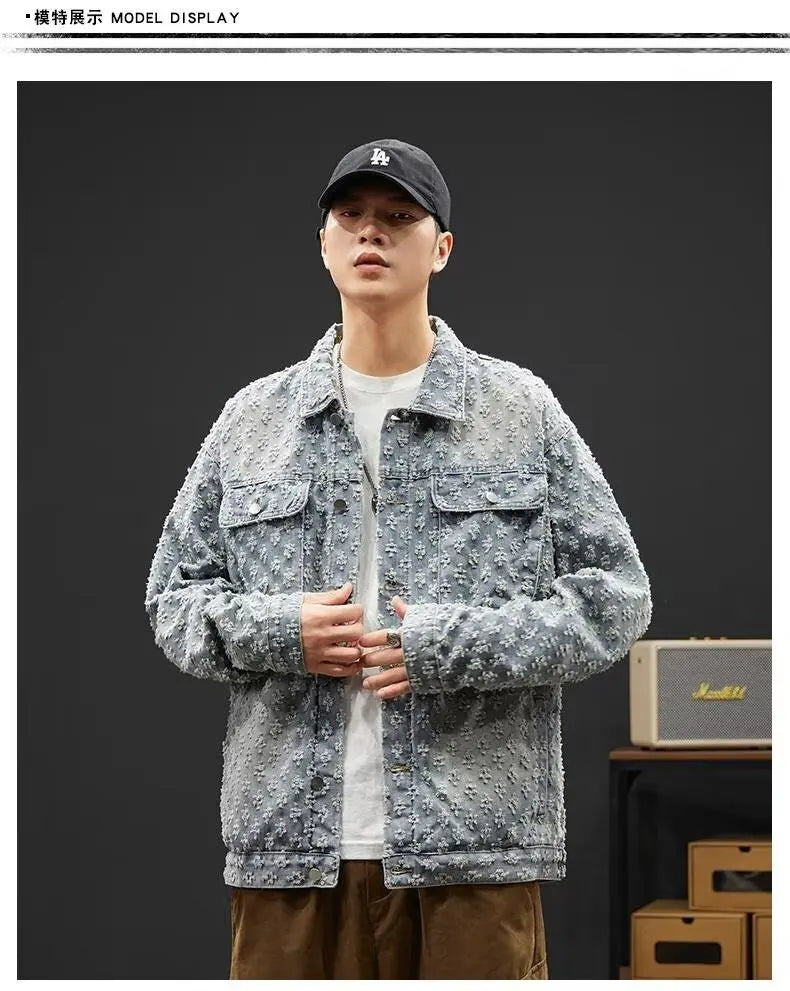Fashionable Premium Jacquard Washed Denim Jacket for Men - Autumn New Arrival American Vintage Distressed Streetwear Style