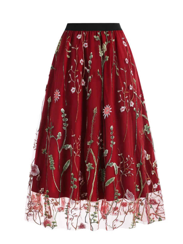 Tonval Floral Embroidered Mesh Midi Skirt – Elegant & Vintage