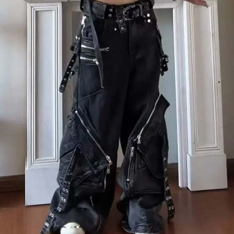 Gothic Punk Wide-Leg Cargo Jeans | Y2K Baggy Denim