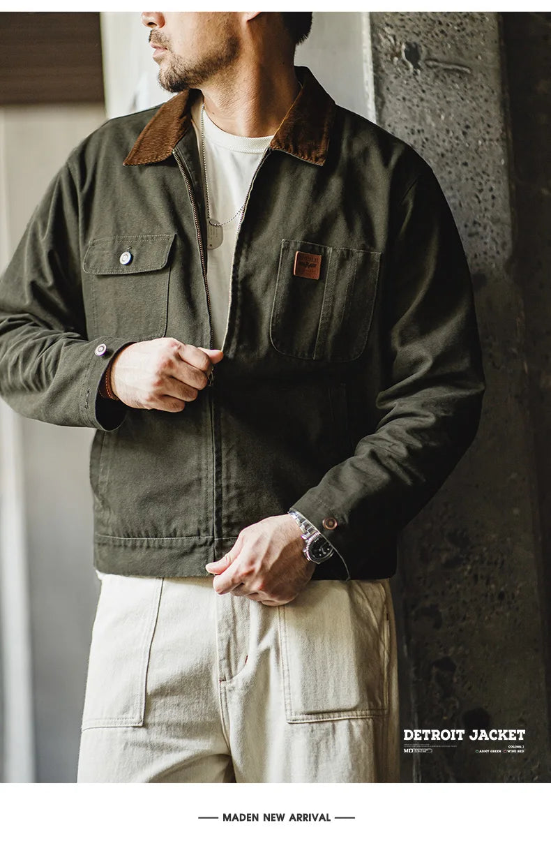 Maden Retro Heavyweight Canvas Detroit Jacket Corduroy Collar Hunting Short Zip-Up Jacket with Pockets Men's Autumn Outerwear