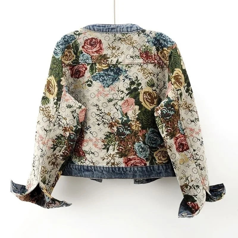 Retro Jacquard Denim Jacket | USA-Made Women's Cropped Spring Coat