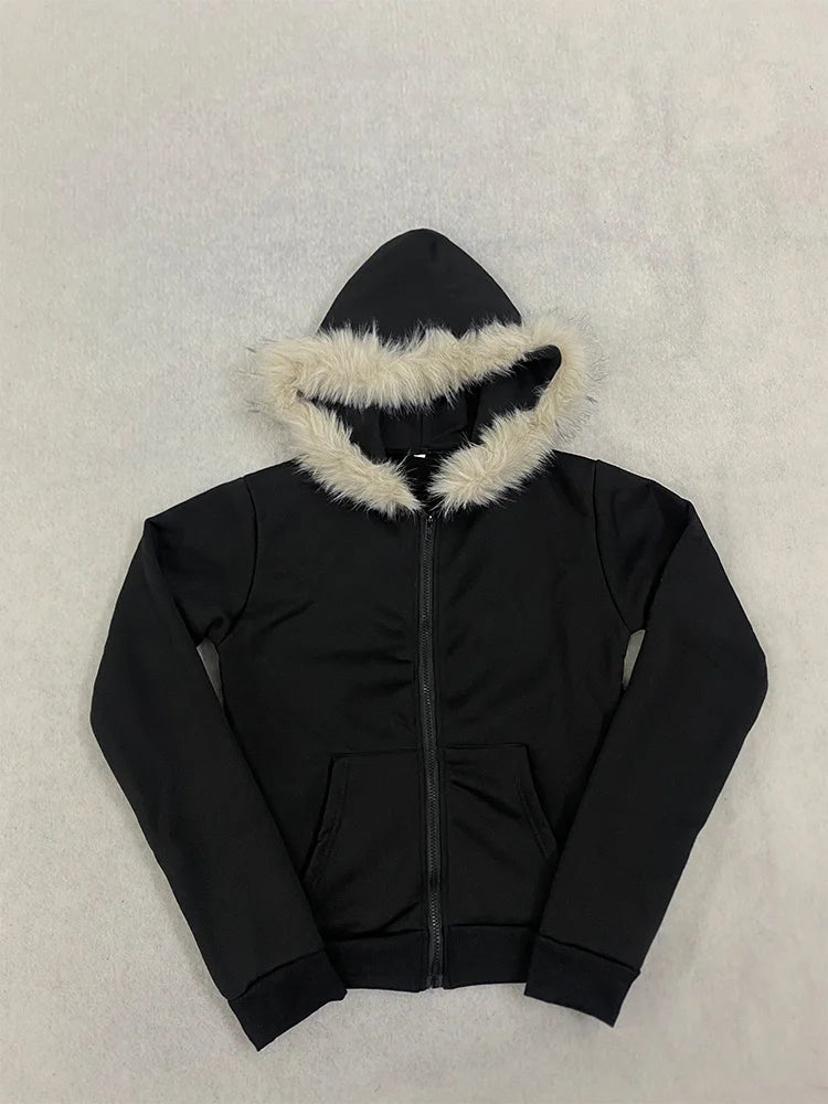 Autumn and Winter Women's Y2K GOTH Zipper Hoodie, Hairy Neck Hat, Slim Fit Long Sleeved Coat, Daily Punk Street Wear Coat