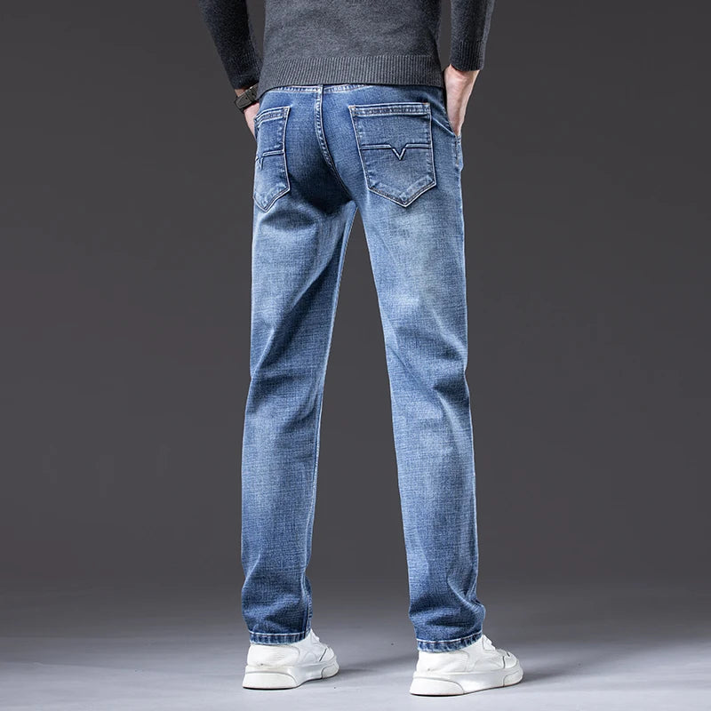 2025 Autumn New Men Regular Fit Stretch Jeans Classic Style Smoky Gray Fashion Casual Denim Pants Male Brand Trousers Blue