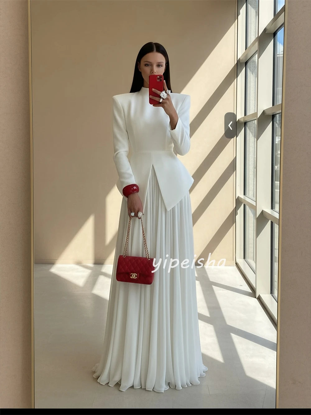 Elegant Jersey Ruched A-Line Gown | High Collar & Long Sleeves
