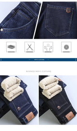 Winter Men's Fleece Thick Sherpa Jeans Business Casual Velvet Straight Denim Pants Male Wool Plush Classic Stretch Trousers