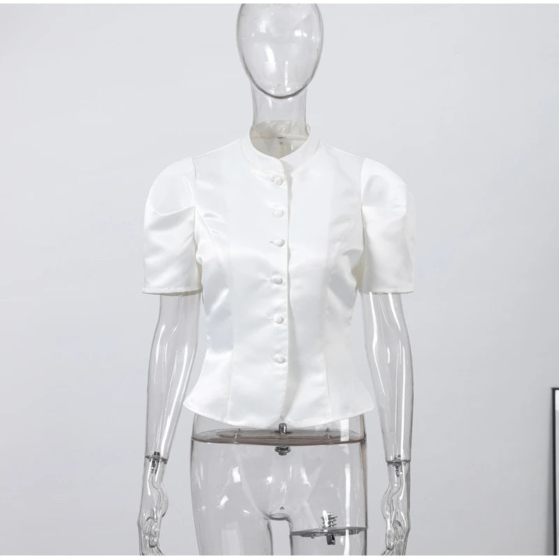 2026 Spring Summer Short Puff Sleeve Frog Button Shirt For Women Stand Collar  Single Breasted Blouse Lady Chic Street Party Top