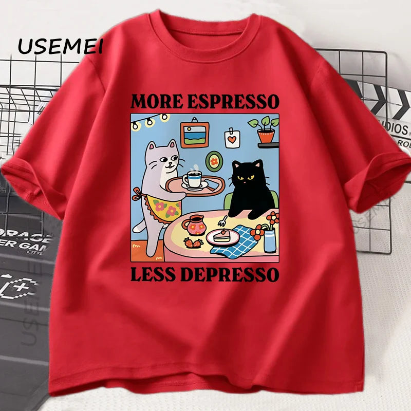 More Espresso Less Depresso Black Cat T-shirt Men Women Funny Coffee Cat T Shirt Casual Summer Cotton Short Sleeve Tshirt Tops