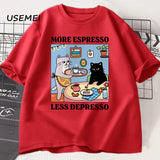 More Espresso Less Depresso Black Cat T-shirt Men Women Funny Coffee Cat T Shirt Casual Summer Cotton Short Sleeve Tshirt Tops