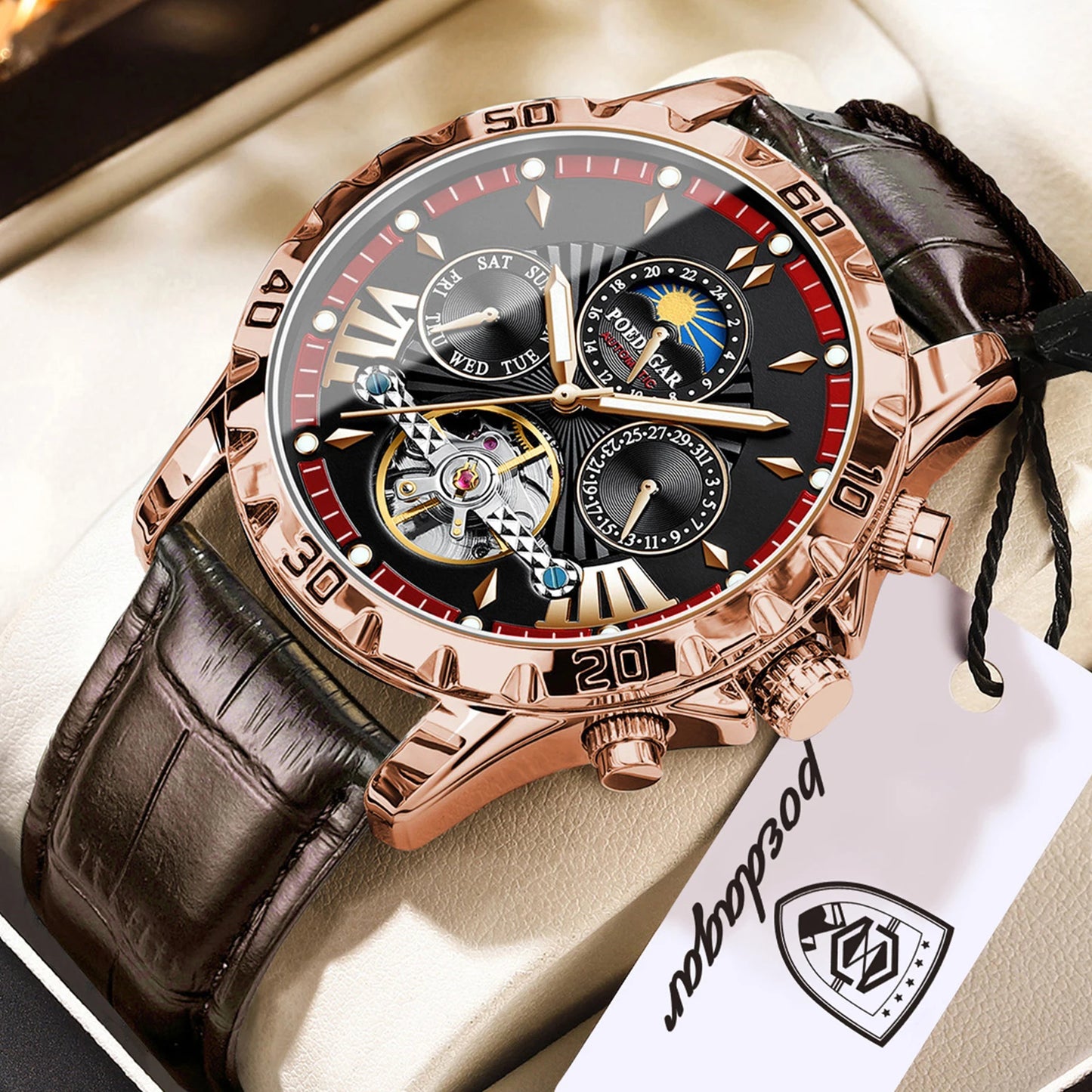 POEDAGAR Luxury Automatic Male Watch Date Week Luminous Waterproof Tourbillon Men Watch Leather Fashion Mechanical Men's Watches