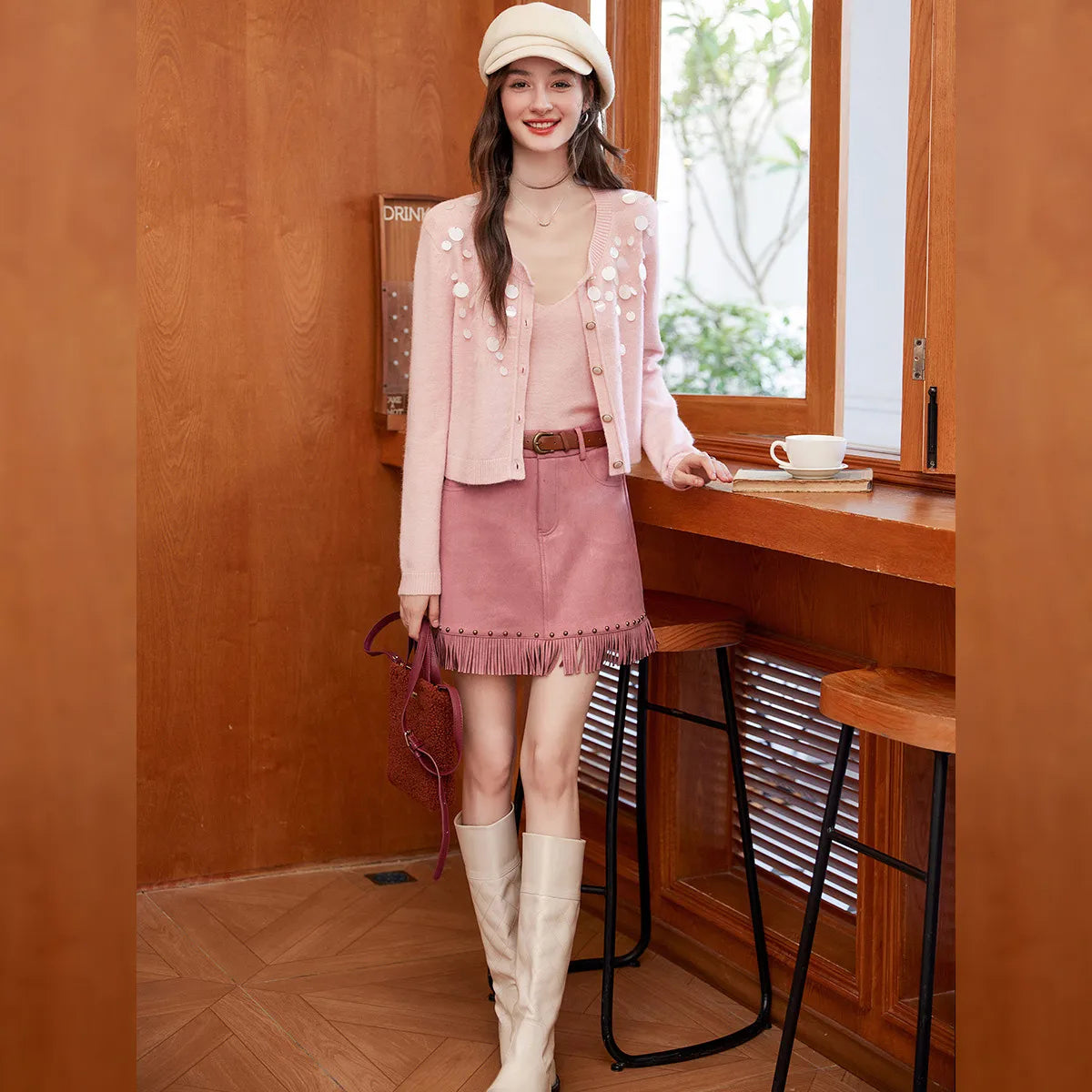 LOUIS YAO Tassels Rivet A-line Half Skirt 2025 Autumn Short Skirts Fashionable and Gentle Casual  Women's Half Skirt