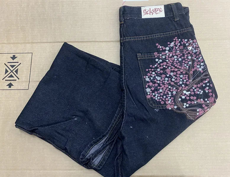 Hip-hop gold coin jeans Y2K retro low waist wide leg zipper pants y2k clothing men's fashion embroidered loose jeans