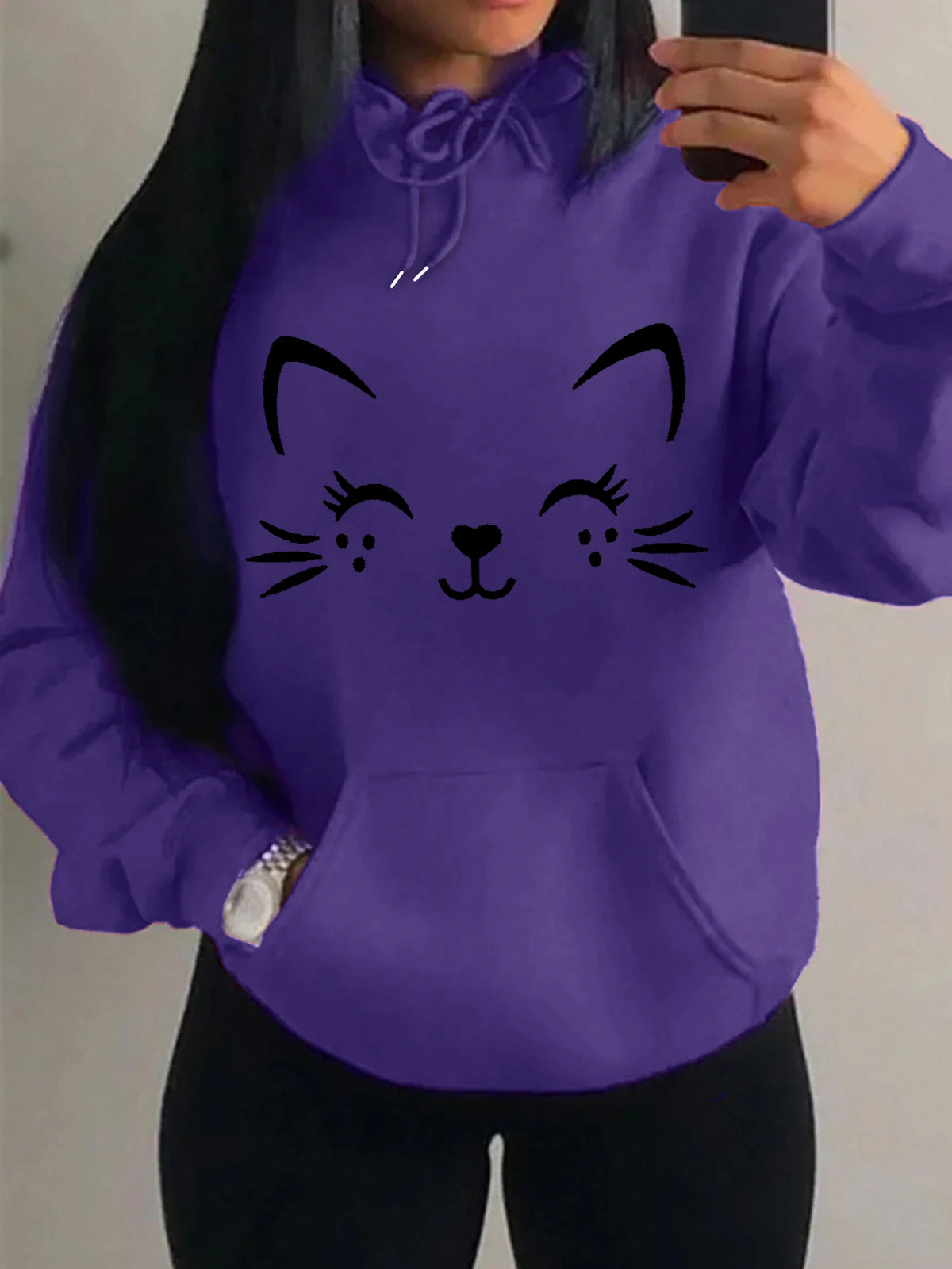 Women's Playful Cat Graphic Fleece Hoodie