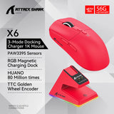 Attack Shark X6 Bluetooth Mouse Gaming Wireless Tri-Mode Connection,RGB Touch Magnetic Charging Base PAW3395 Macro Gaming Mouse