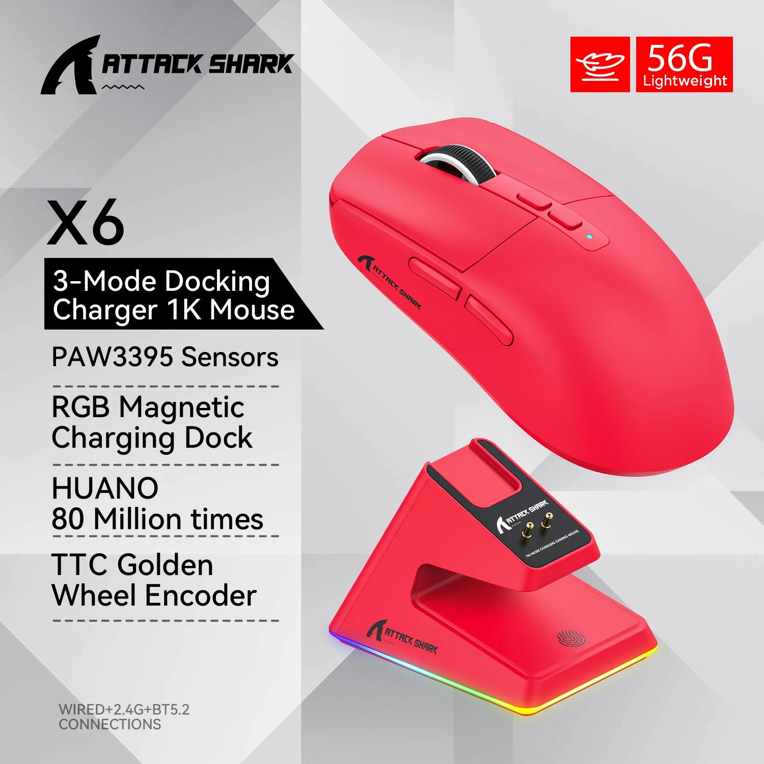 Attack Shark X6 Bluetooth Mouse Gaming Wireless Tri-Mode Connection,RGB Touch Magnetic Charging Base PAW3395 Macro Gaming Mouse