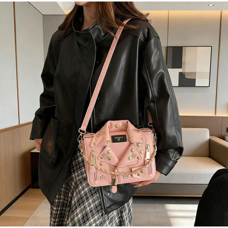 Jacket Collar Shaped Crossbody Shoulder Bag,Women Metal Flower Studded Handbag ,Niche Designer Streetwear Fashion Rivet Tote Bag