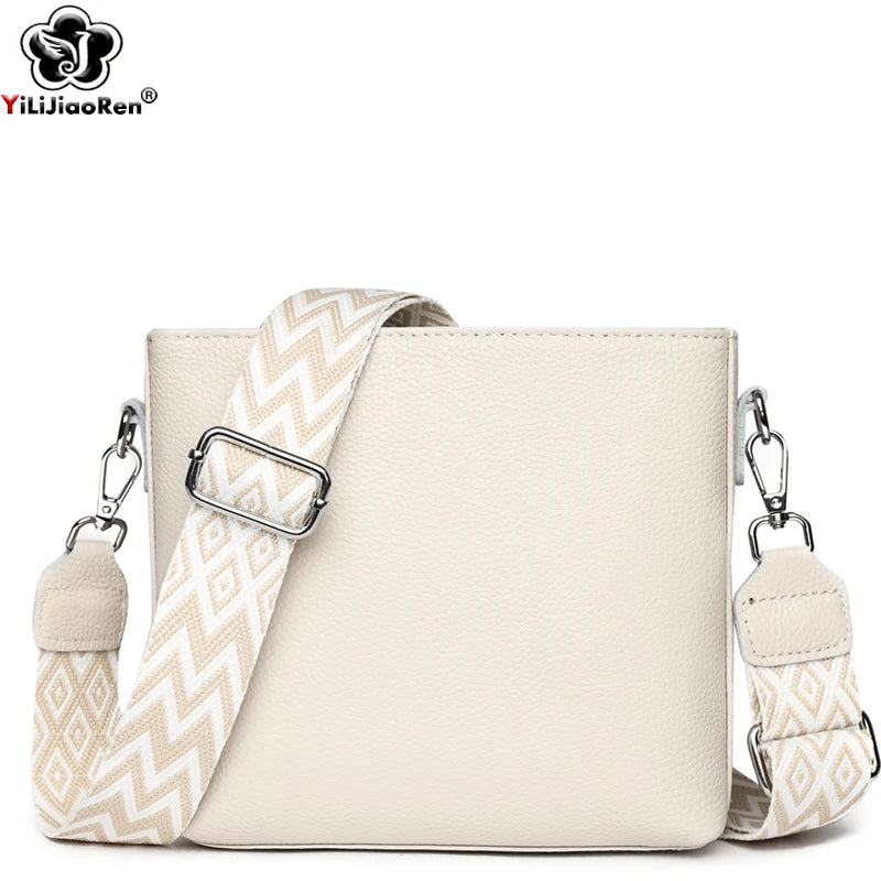 100% Genuine Leather Crossbody Bag Women Fashion Wide Strap Shoulder Bag Ladies Cowhide Messenger Bag Small Handbag and Purse