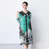 Miyake Pleated Drape Dress – Colorblock Print, 3/4 Sleeve