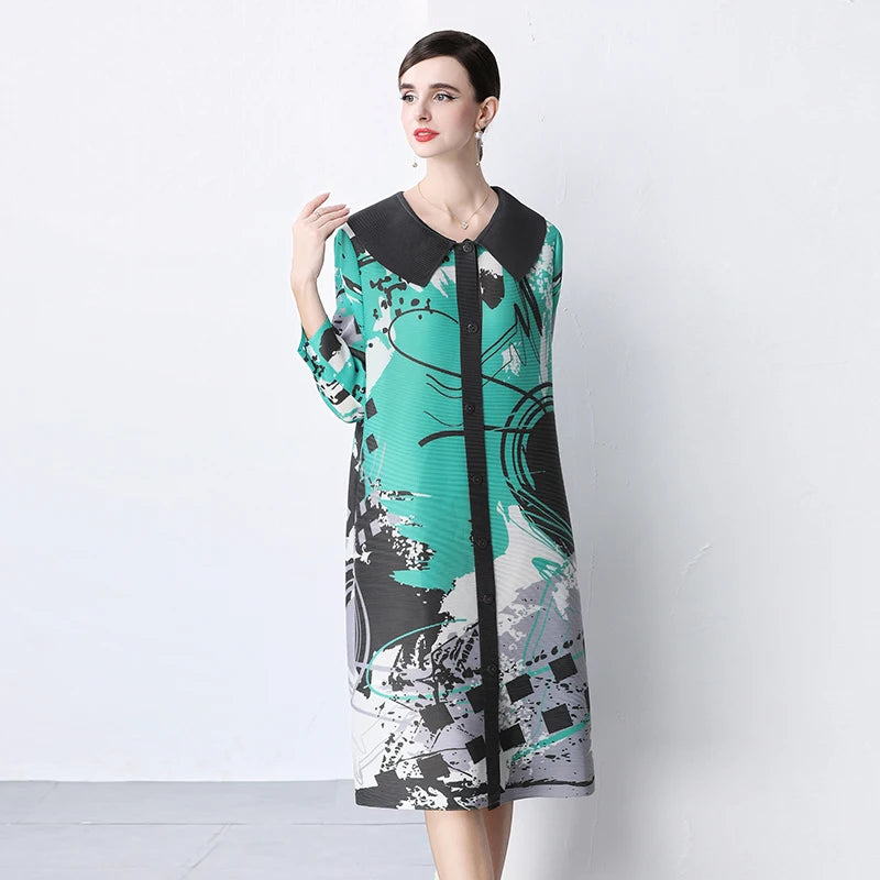 Miyake Pleated Drape Dress – Colorblock Print, 3/4 Sleeve
