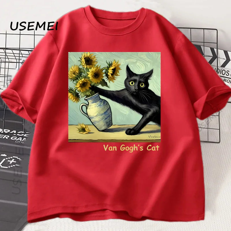 Van Gogh's Cat Art Print T Shirt Funny Graphci T Shirts Cotton Trendy Summer Loose Short Sleeved T-shirt Men Women Harajuku Top