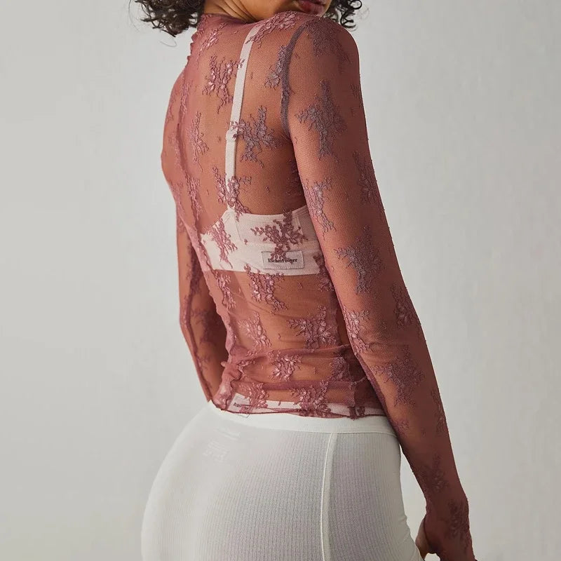 Floral Lace Sheer Mesh Long Sleeve Top