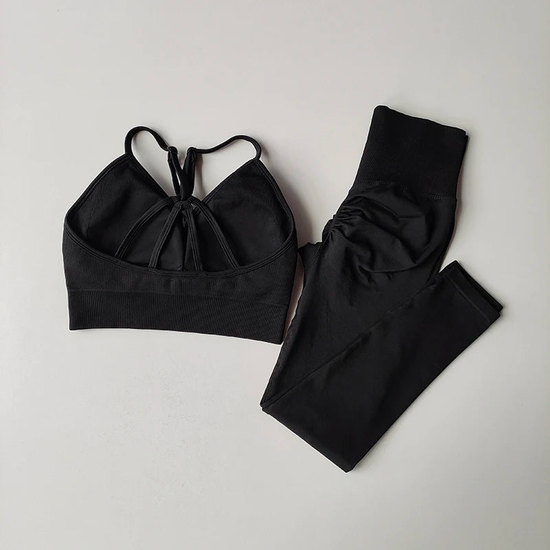 Seamless V-Neck Yoga Set – High-Waist Hip Lifting Fitness Leggings & Bra