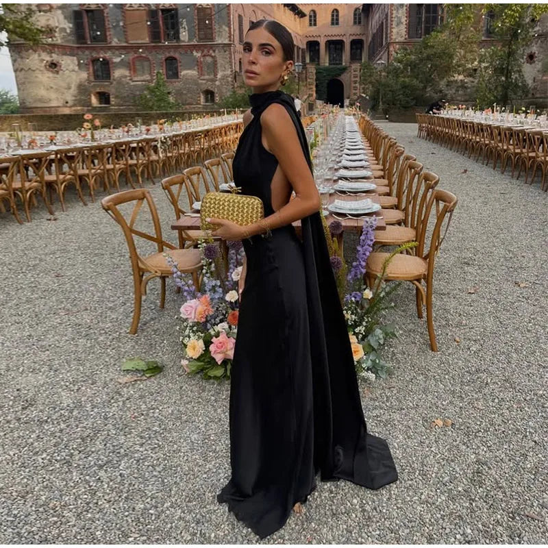 Elegant Ribbon Halter Maxi Dress