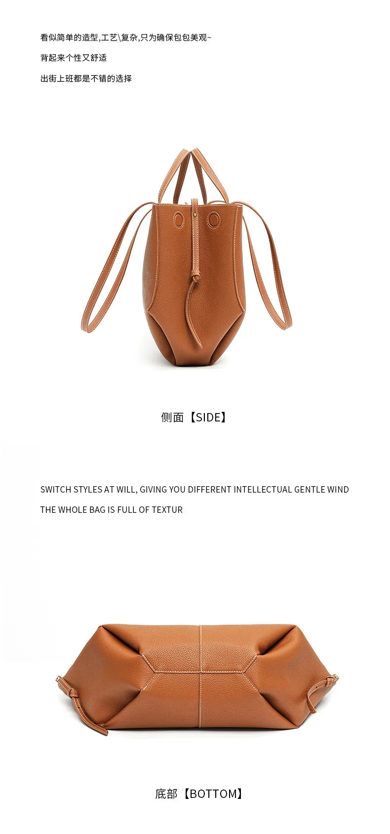 2025 leather shoulder bag versatile niche handbag, top layer cowhide commuting high-end feeling, large capacity tote bag for wom