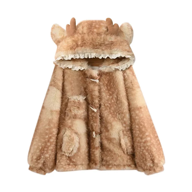 Women's Hooded Faux Fur Coat with Deer Ears