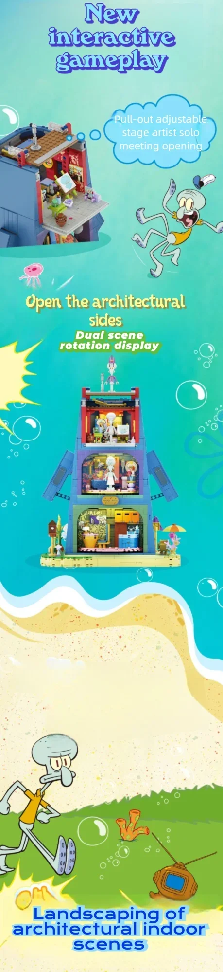 1655PCS SpongeBob SquarePants Squidward Stone Statue House Building Blocks Cartoon Model Bricks Set With Light DIY Toy Fans Gift