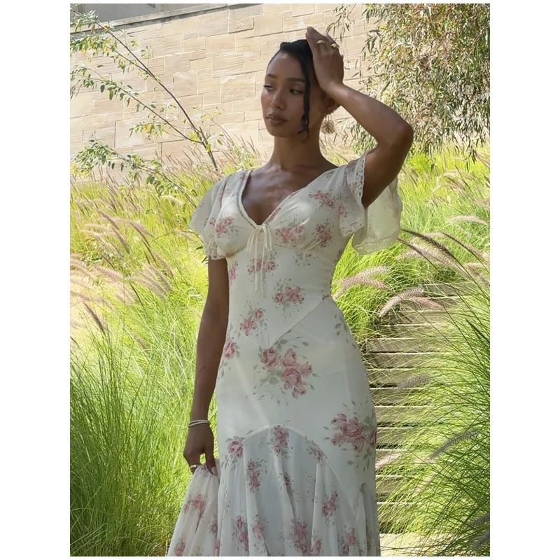 Women White Pink Floral Print Fishtail Skirt Set Chic V Neck Puff Sleeve Ruffle Button Crop Top Suit Elegant Lady Wedding Outfit