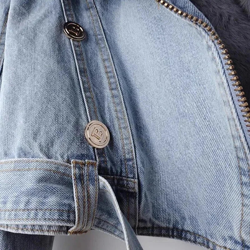 Winter Denim Jacket - Faux Fox Fur Collar & Rabbit Hair Lining Parka