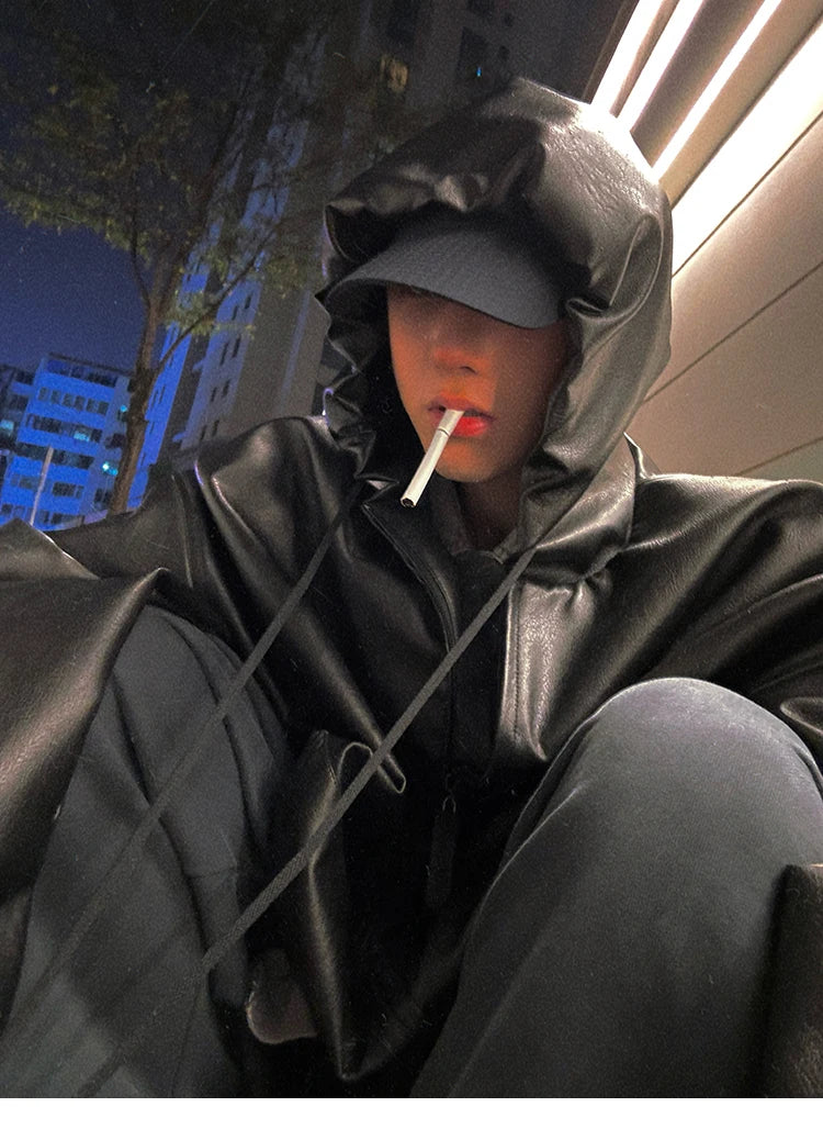 Men’s Oversized Hooded Faux Leather Jacket