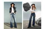 TOYOUTH Women Denim Jeans 2025 Autumn New Lycra Stretch Washed Wide Leg Straight Long Pants
