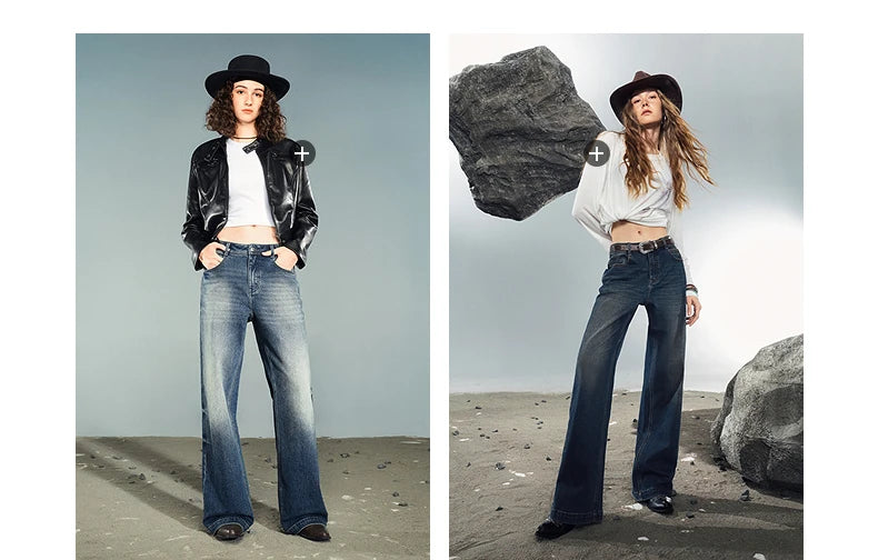 TOYOUTH Women Denim Jeans 2025 Autumn New Lycra Stretch Washed Wide Leg Straight Long Pants