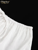 Clacive Casual Loose White 2 Piece Sets Women Outfit 2025 Elegant Long Sleeve Robes With Mid Waist Shorts Set Female Clothing