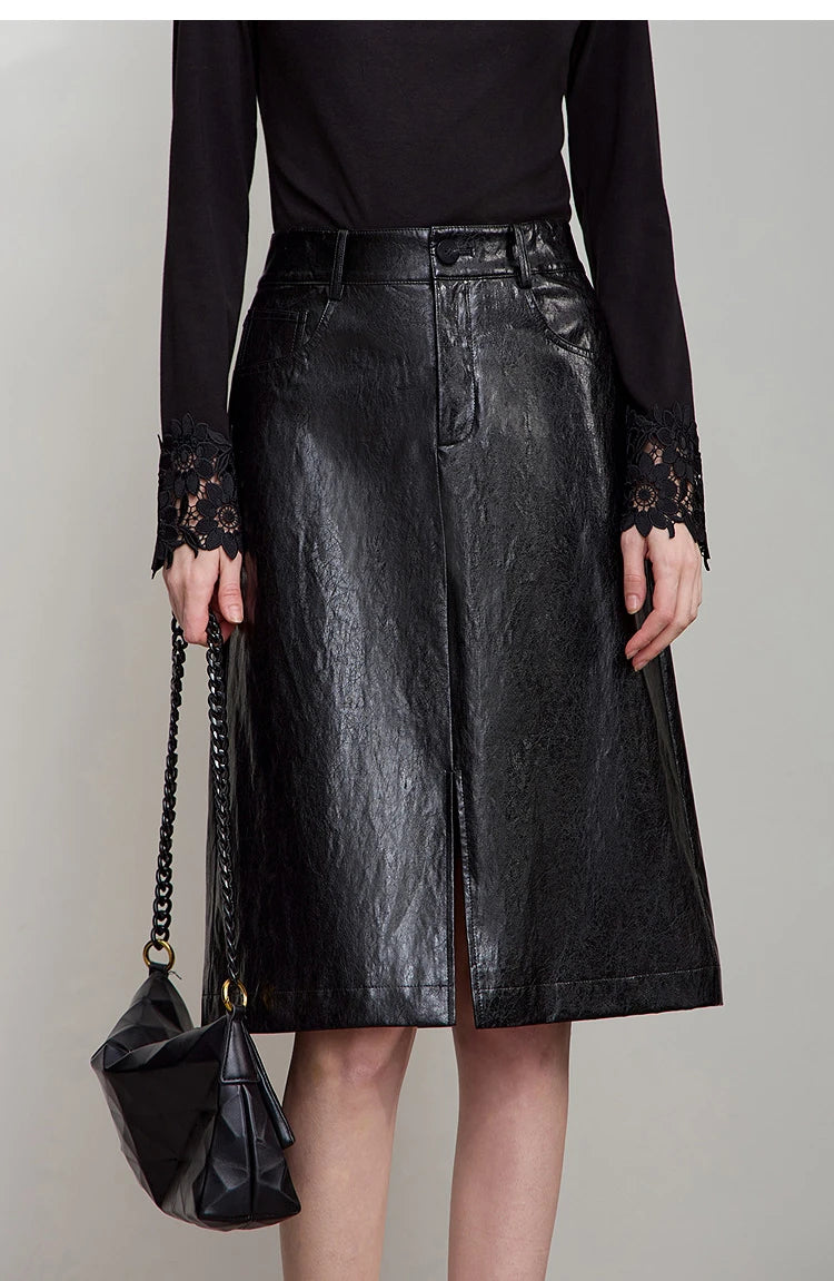 AMII Minimalist PU Leather Skirt for Women
