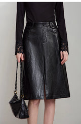 AMII Minimalist PU Leather Skirt for Women