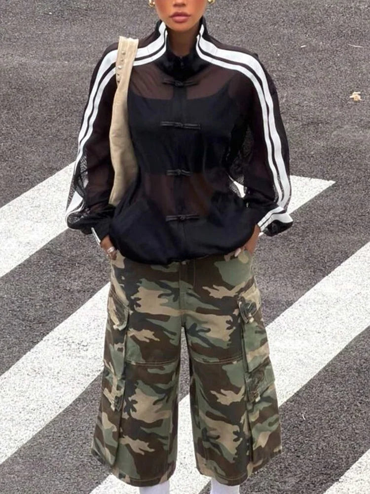 Women's Sheer Striped Stand-Collar Layering Jacket