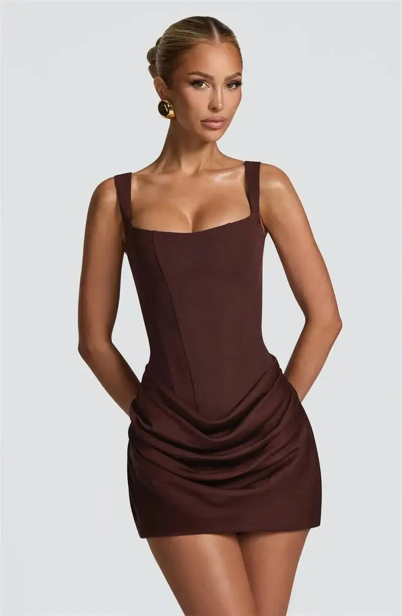 Elegant Backless Ruched Mini Dress | Chic Square Collar Club & Party Wear