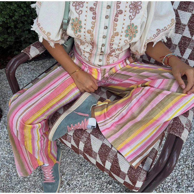 Street Striped Jeans Women's High-Waist Pockets Wide-Leg Trouser 2026 Spring Summer Retro Multicolor Vertical Stripe Denim Pant