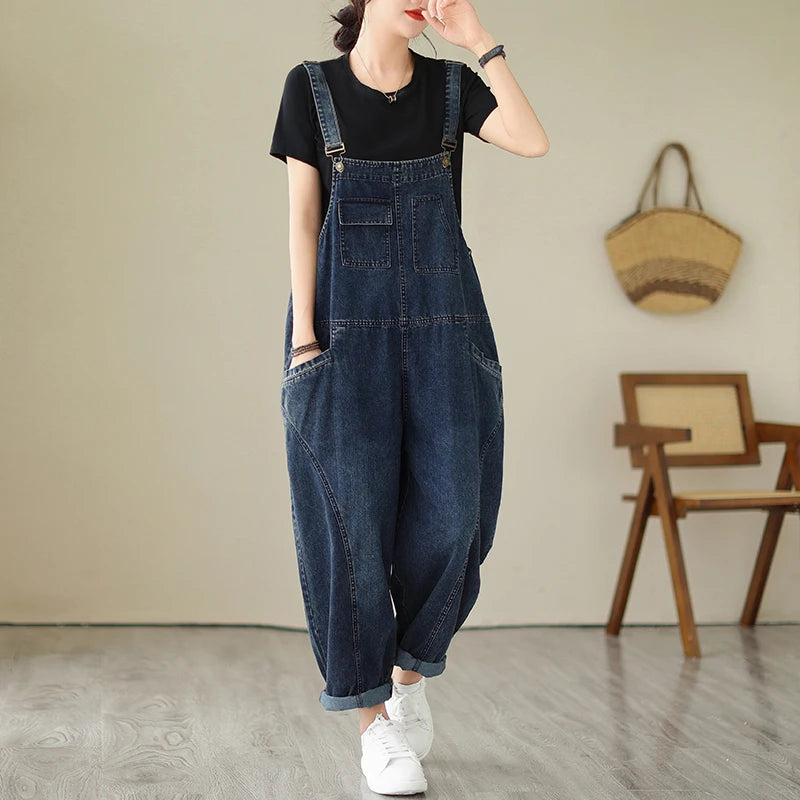 Vintage Patchwork Denim Cargo Overalls