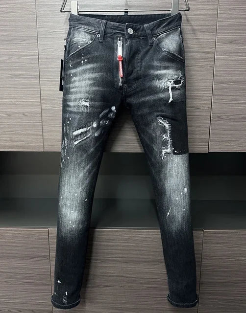 ICON BRAND D2 Men Jeans Denim Pants Hole Slim Pencil Trousers Metal Buttons Party Classics Fashionable Black DSQ2 JENAS
