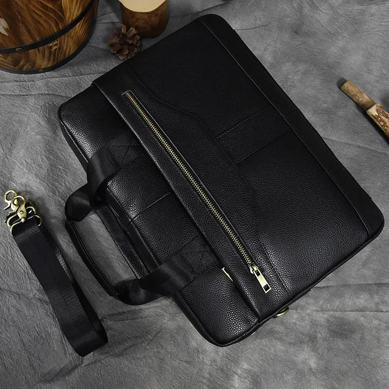 Luufan Genuine Leather Men's Business Handbag 15" Laptop Briefcase Bag Male A4 Document Shoulder Message Computer Bag Work Tote