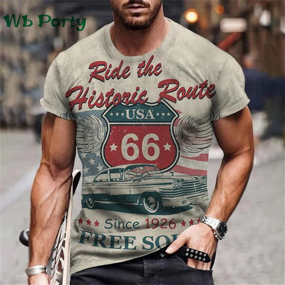 Vintage Route 66 Biker Print Men's Graphic Tee
