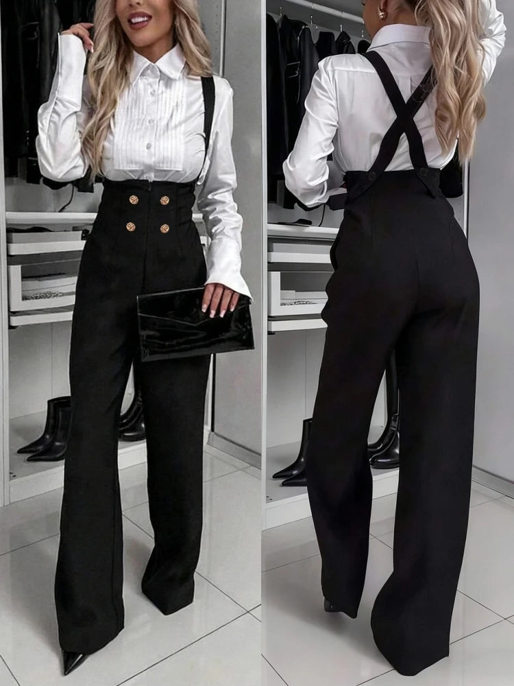 Retro Gold Double-Breasted Wide Leg Jumpsuit